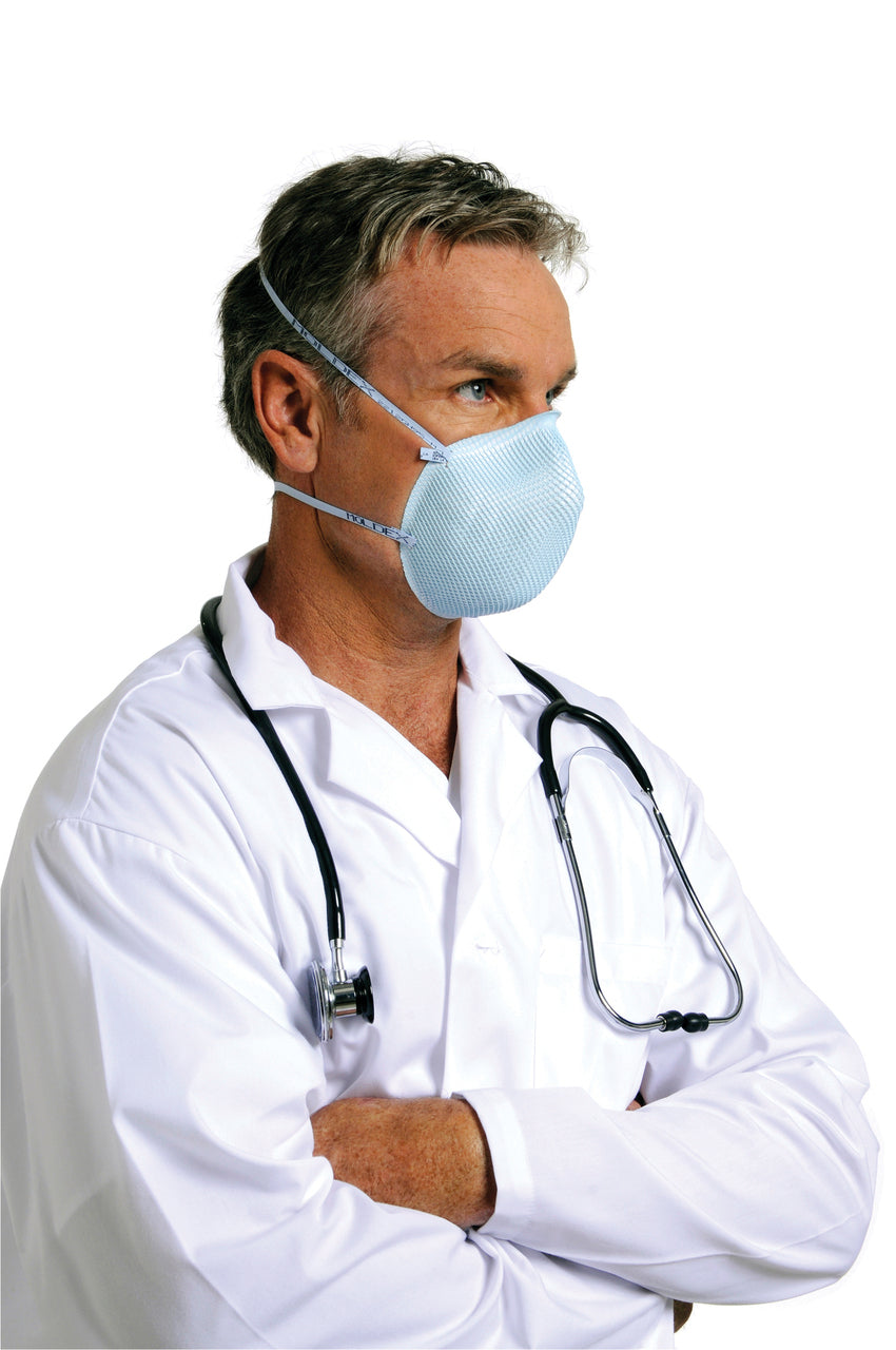 Doctor wearing a Moldex 1511 size small N95 respirator and surgical mask Canada
