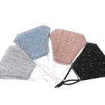 Holiday Face Masks The Peoples Mask Edmonton Collection Stylish Fancy Glam Face Masks with adjustable earloops in silver, light blue, blush pink and black.