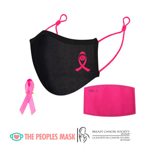 Breast Cancer Awareness Face Mask with The Breast Cancer Society of Canada’s hot pink ribbon logo on a black cotton mask with pink earloop, pink pm2.5 filter and pink breast cancer awareness pin. By The Peoples Mask Canada. 